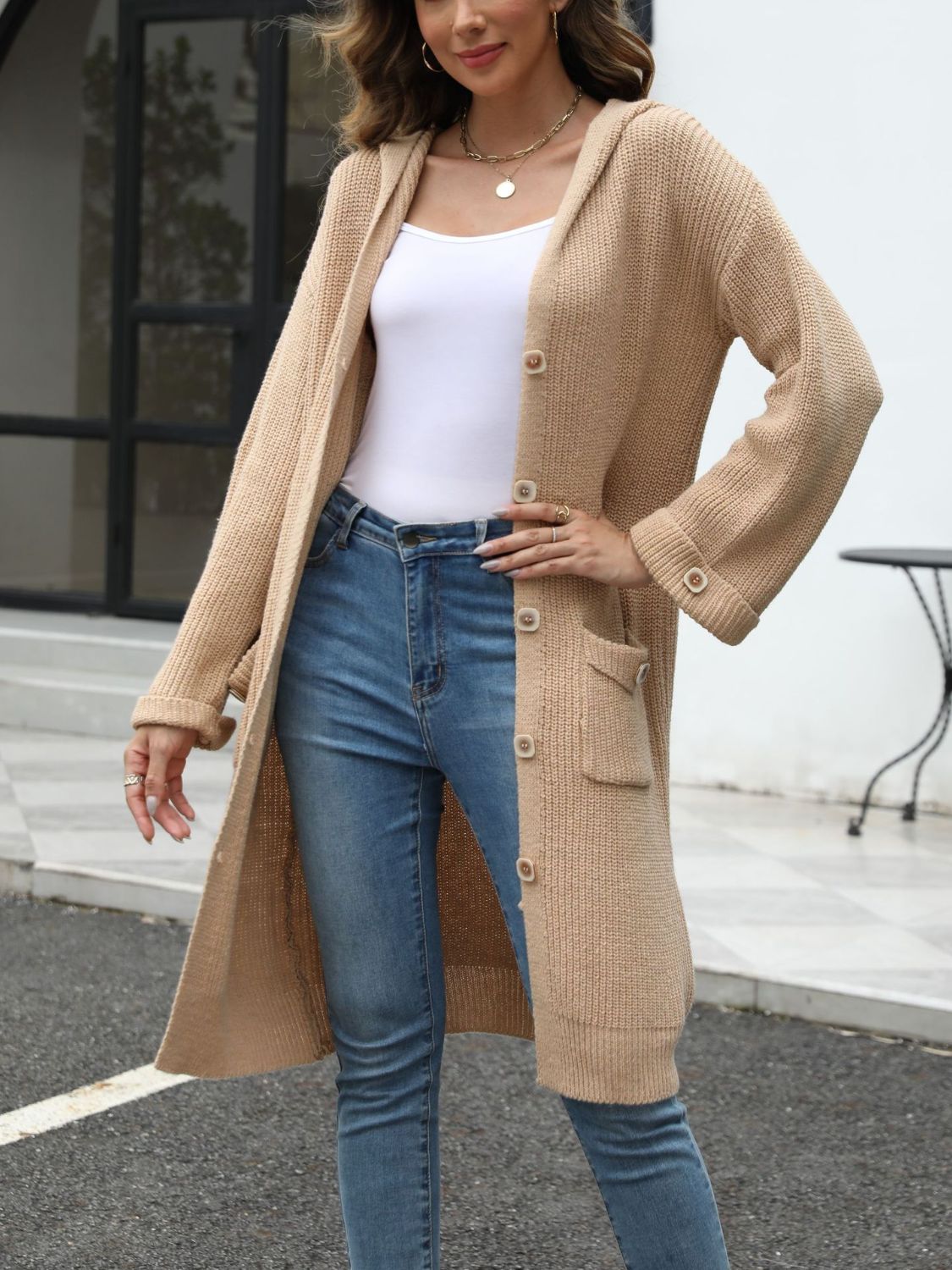 Pocketed Button Up Long Sleeve Hooded Cardigan Trandify Deal
