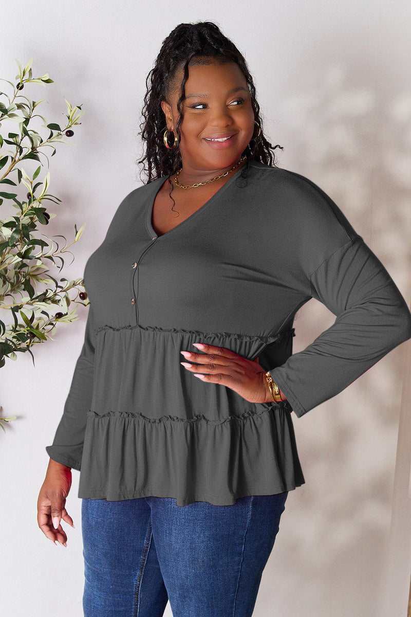 Double Take Half Button Long Sleeve Ruffle Hem Blouse Trandify Deal