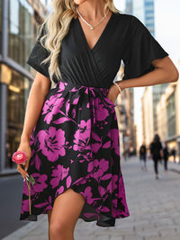 Perfee Tied Printed Surplice Short Sleeve Dress Trandify deal