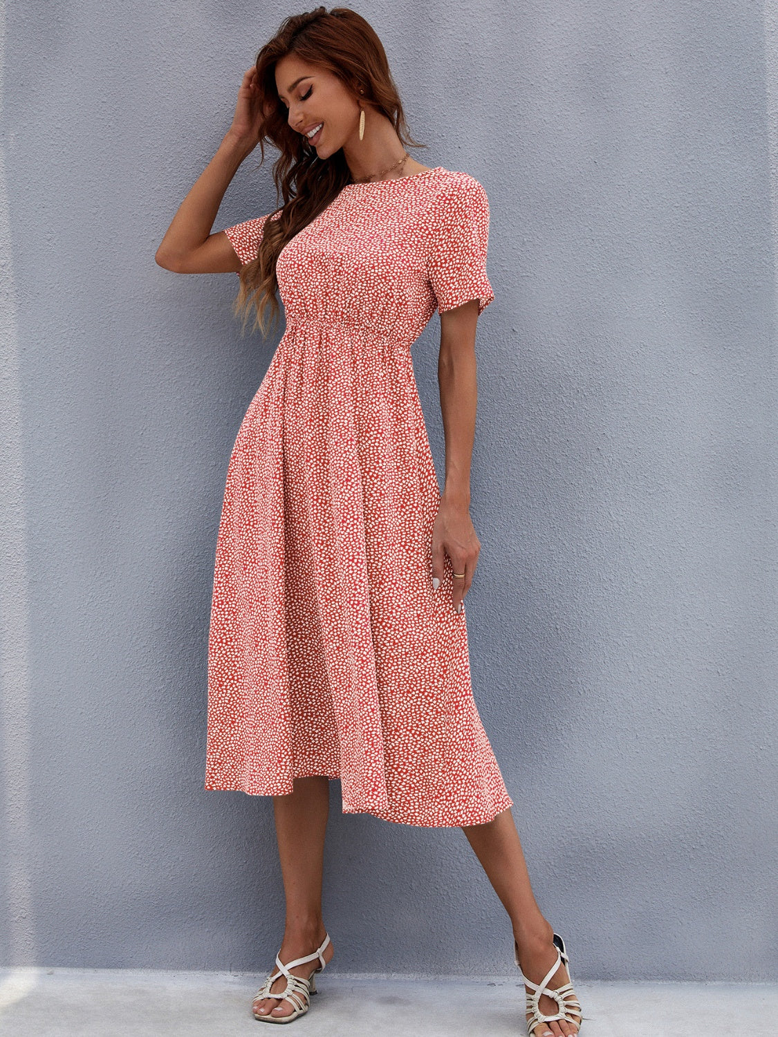 Printed Round Neck Short Sleeve Midi Dress Trandify Deal