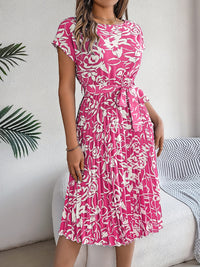 Tied Pleated Printed Short Sleeve Dress Trandify deal