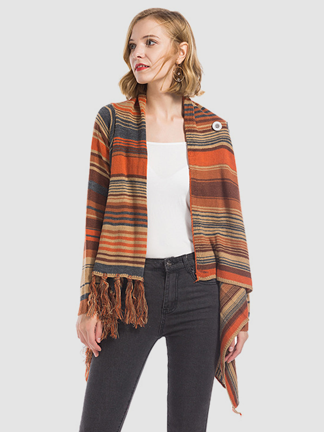 Angel Wings Tassel Striped Open Front Long Sleeve Cardigan Trandify Deal