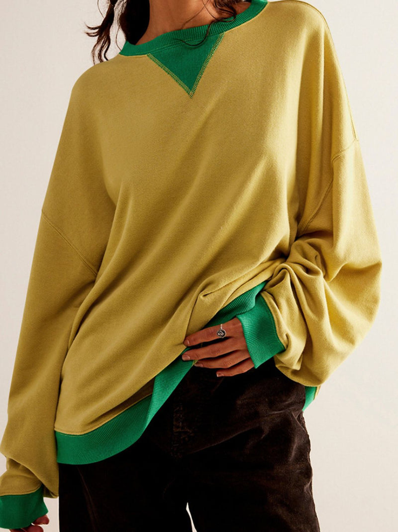 Contrast Trim Round Neck Long Sleeve Sweatshirt Trandify Deal