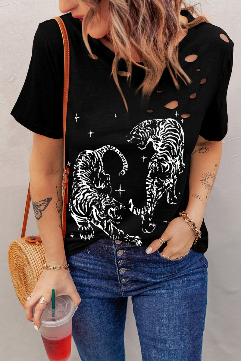 Cutout Graphic Round Neck Short Sleeve T-Shirt - Trandify Deal