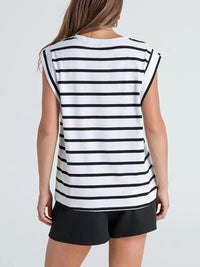 Striped Round Neck Cap Sleeve T-Shirt Trandify deal