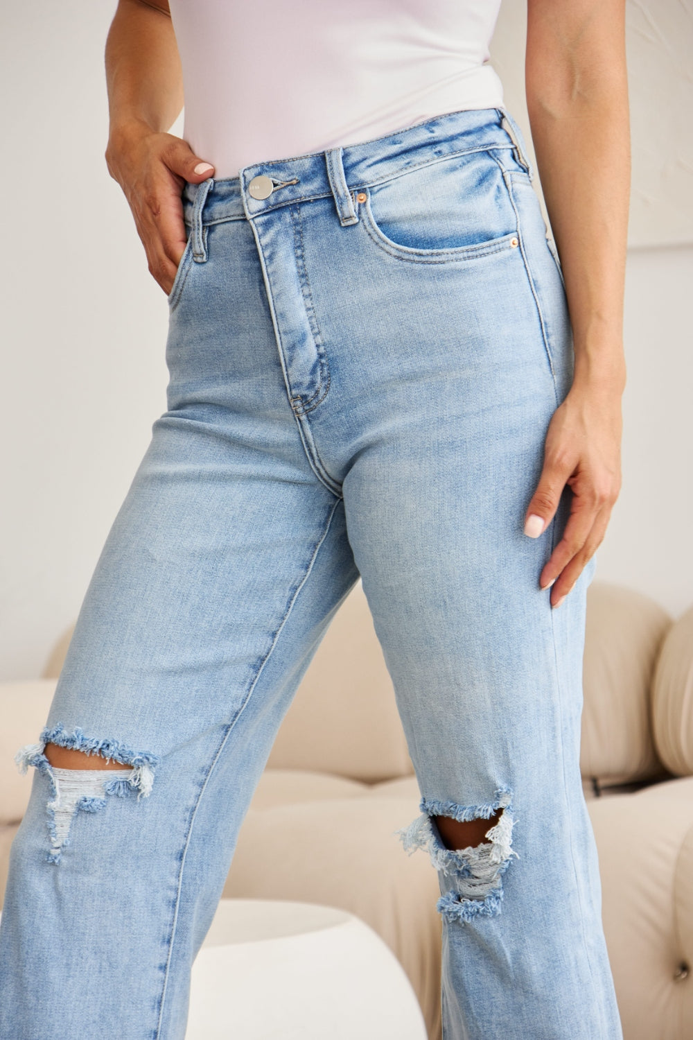 RFM Full Size Tummy Control High Waist Raw Hem Distressed Jeans Trandify deal