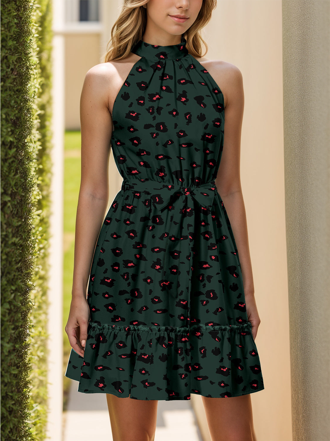 Frill Grecian Neck Tie Waist Mini Dress Trandify Deal