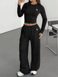 Women's Two-Piece Outfit - Casual Long Sleeve Top & Wide Leg Pants Set