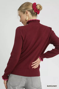 Women's soft ribbed sweater with ruffle contrast trim neckline, casual knit top