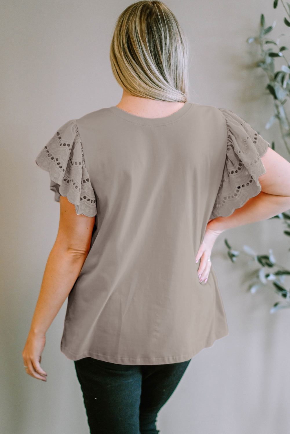 Plus Size Eyelet Round Neck Short Sleeve Blouse Trandify deal