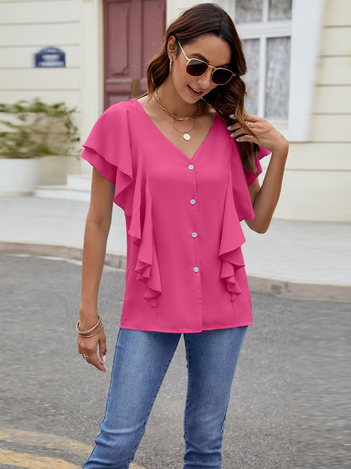 Ruffled V-Neck Short Sleeve Top Trandify deal