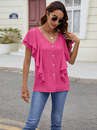 Ruffled V-Neck Short Sleeve Top Trandify deal