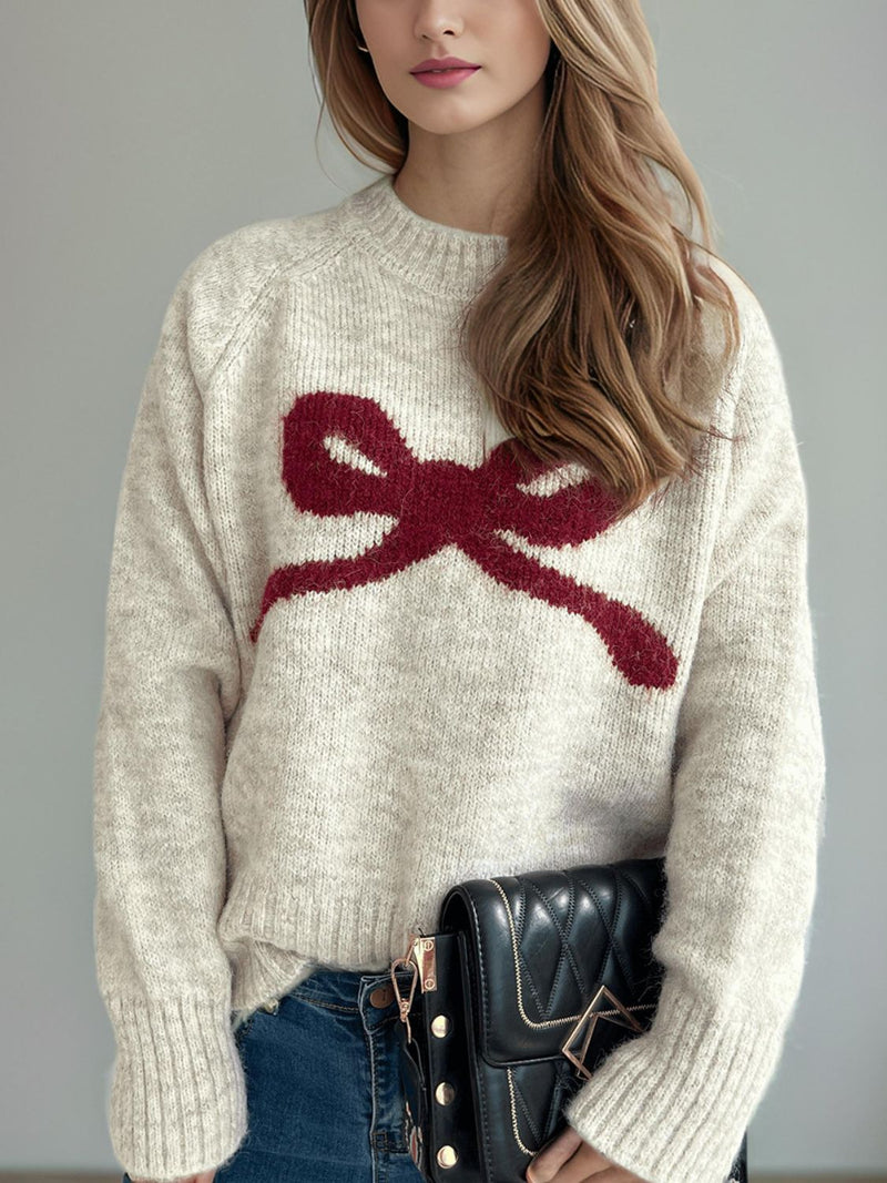 Bow Round Neck Long Sleeve Sweater Trandify Deal