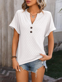 Mandy Eyelet Notched Short Sleeve T-Shirt Trandify deal