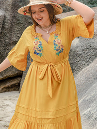 Plus Size Notched Tie Waist Half Sleeve Midi Dress Trandify deal