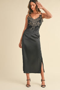 Mable Embroidered Cami Satin Midi Slit Dress Trandify Deal