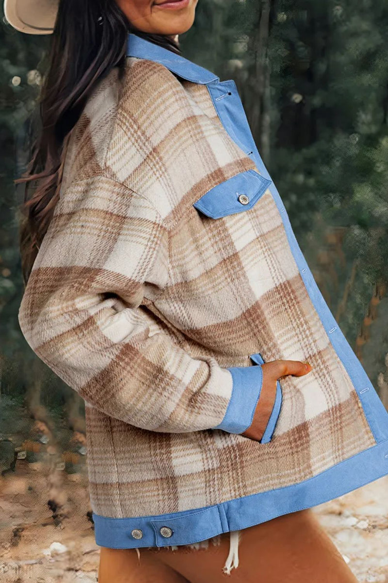Contrast Trim Plaid Collared Neck Shacket Trandify Deal