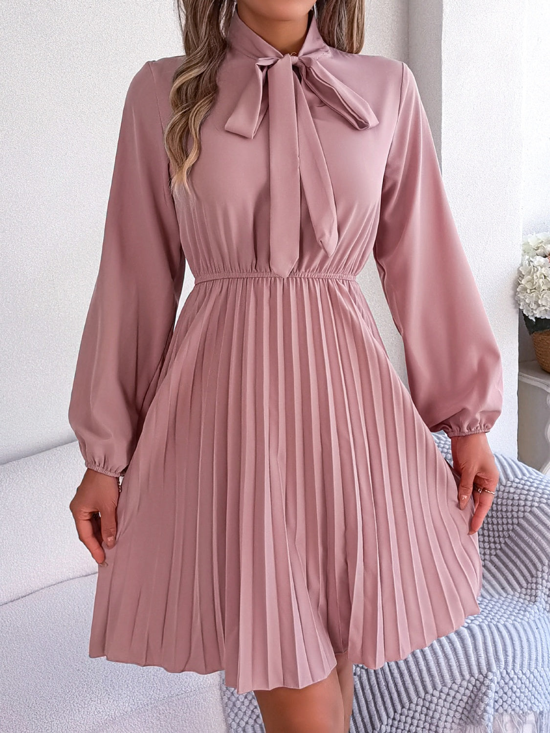 Tie Neck Balloon Sleeve Pleated Dress Trandify deal