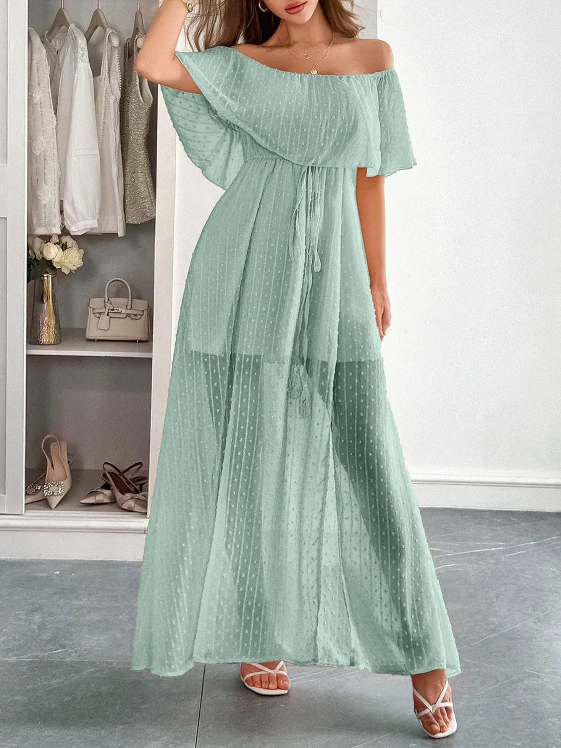 Women’s Swiss Dot Off Shoulder Maxi Dress for Summer – TrandifyDeal
