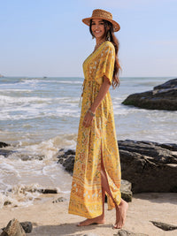 Drawstring Printed Plunge Half Sleeve Dress Trandify Deal