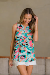Sew In Love Wrinkle-Free Floral Notched Tank Trandify deal