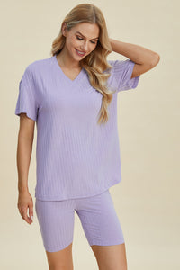 Basic Bae Full Size Ribbed V-Neck Short Sleeve Top and Shorts Set Trandify deal