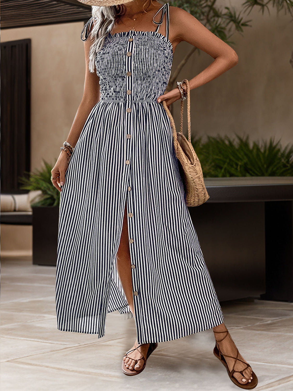 Perfee Tied Smocked Striped Sleeveless Midi Dress Trandify deal