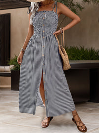 Perfee Tied Smocked Striped Sleeveless Midi Dress Trandify deal