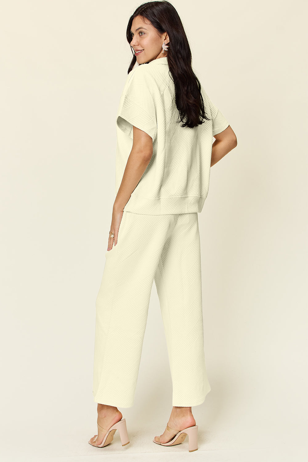 Double Take Full Size Texture Half Zip Short Sleeve Top and Pants Set - Trandify Deal