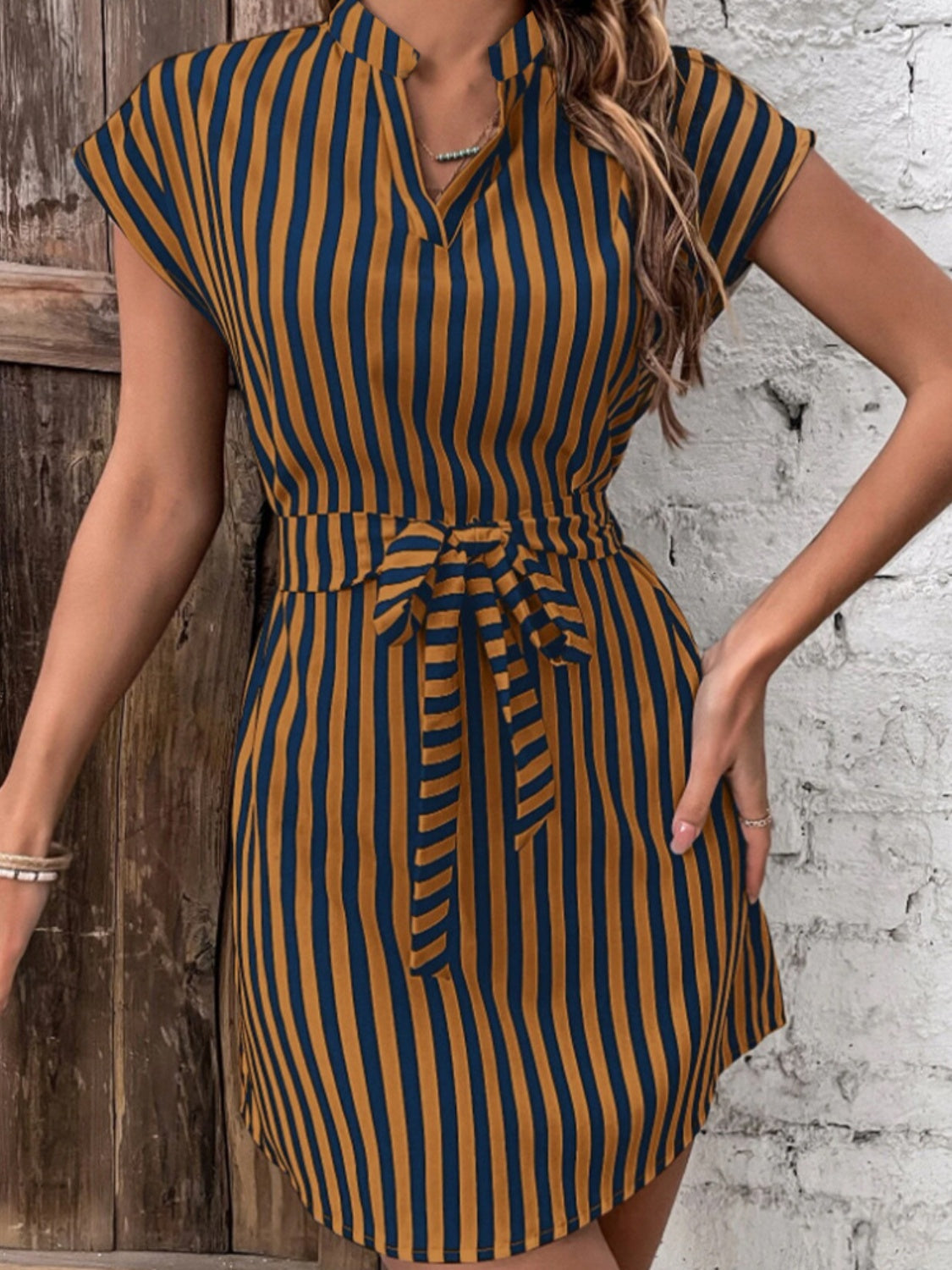 Tied Striped Cap Sleeve Mini Dress Trandify deal