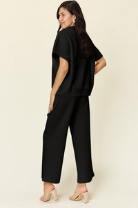 Double Take Full Size Texture Half Zip Short Sleeve Top and Pants Set - Trandify Deal