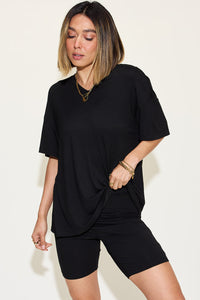 Basic Bae Full Size V-Neck Drop Shoulder T-Shirt and Shorts Set Trandify Deal