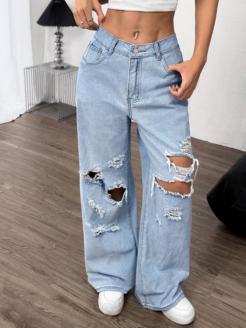 Distressed Wide Leg Jeans with Pockets Trandify Deal