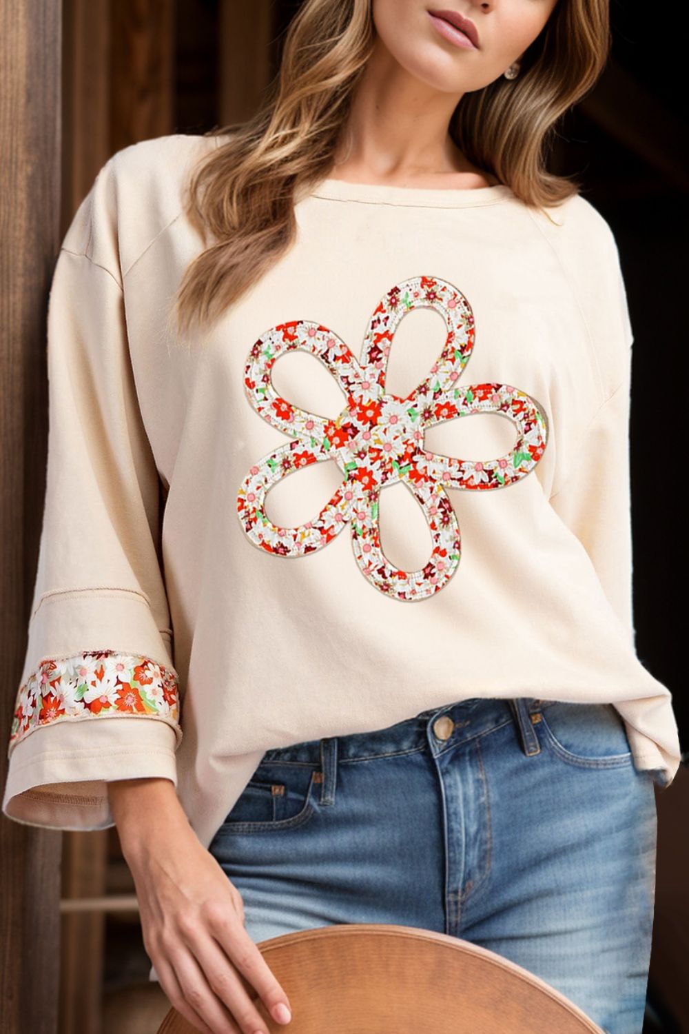 Exposed Seam Slit Floral Round Neck Blouse Trandify Deal
