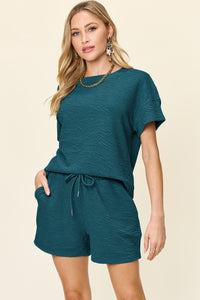 Double Take Full Size Texture Short Sleeve T-Shirt and Drawstring Shorts Set - Trandify Deal