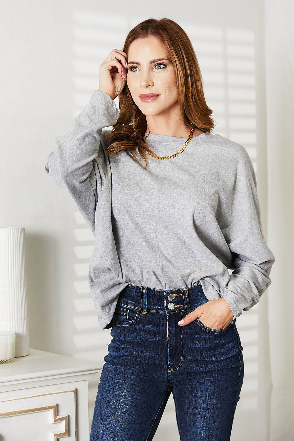 Double Take Seam Detail Round Neck Long Sleeve Top Trandify Deal