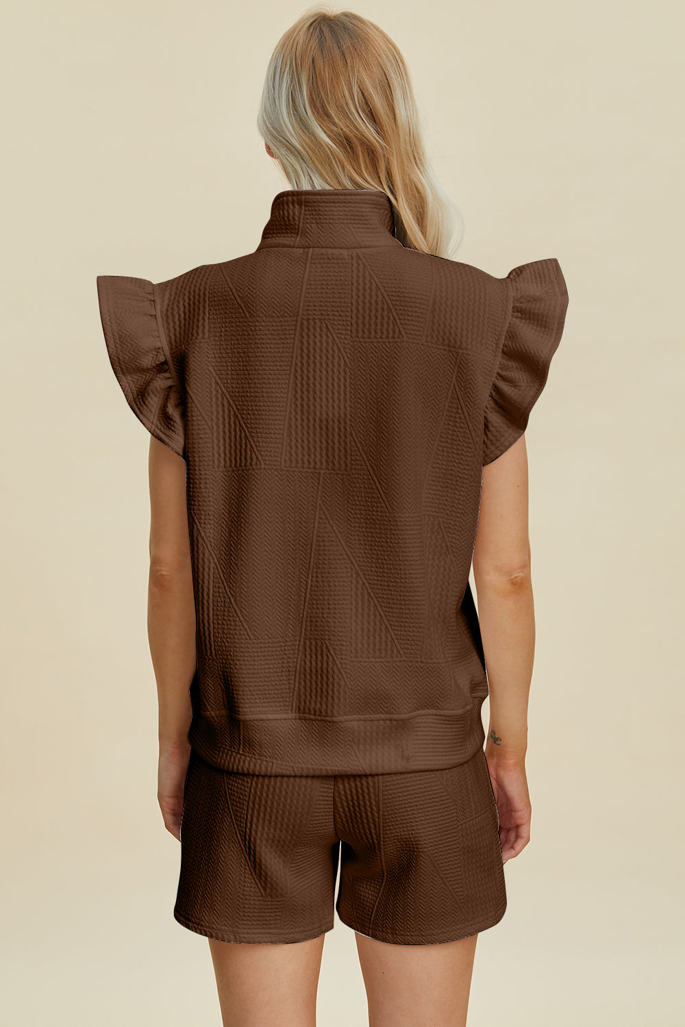 Double Take Texture Flounce Sleeve Top and Shorts Set - Trandify Deal