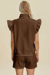 Double Take Texture Flounce Sleeve Top and Shorts Set - Trandify Deal