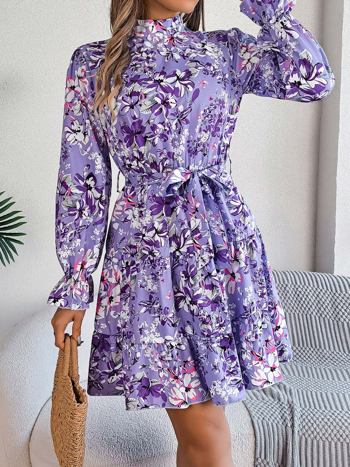 Printed Mock Neck Flounce Sleeve Mini Dress Trandify deal