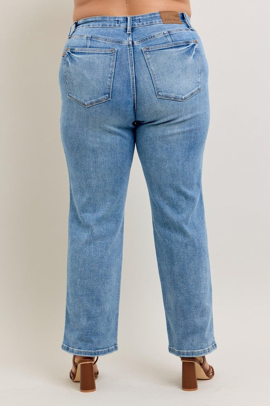 Plus Size Tummy Control Jeans: Vintage Wash Straight Leg