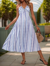 Tied Printed Halter Neck Sleeveless Midi Dress Trandify deal