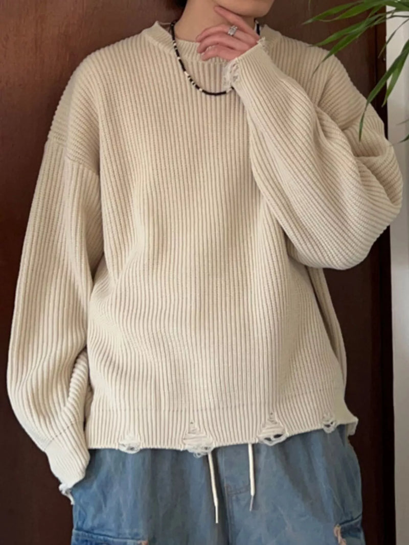 Men's Oversized Sweater - Distressed Raw Hem Drop Shoulder