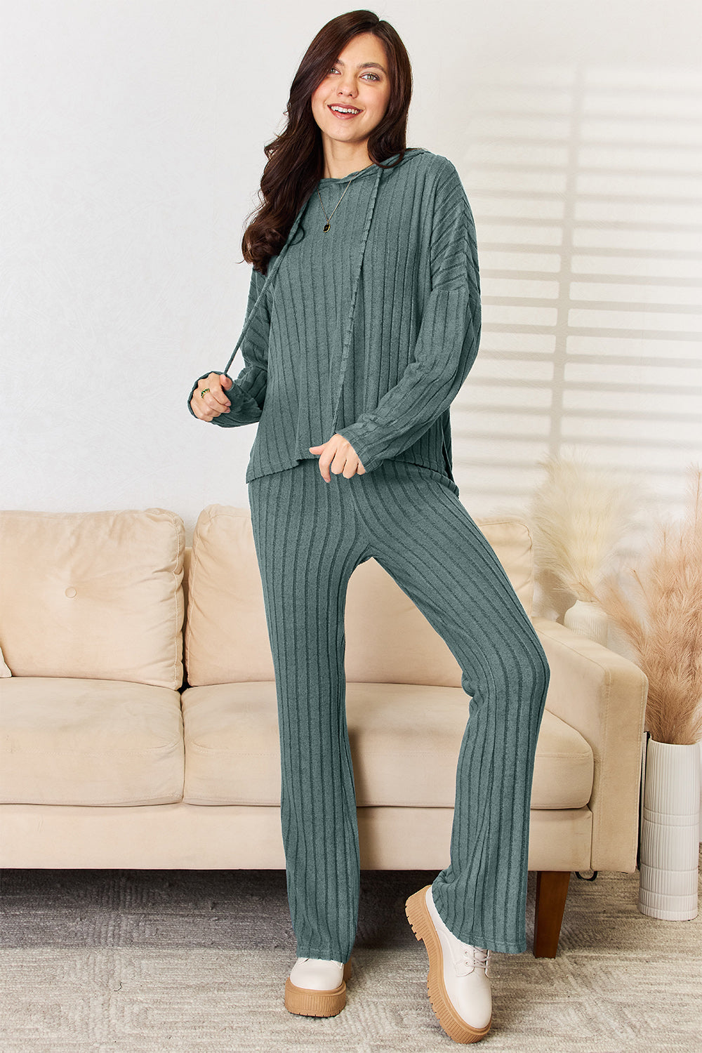 Basic Bae Full Size Ribbed Drawstring Hooded Top and Straight Pants Set Trandify Deal