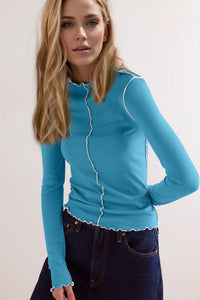 Basic Bae Contrast Trim Mock Neck Long Sleeve T-Shirt Trandify Deal