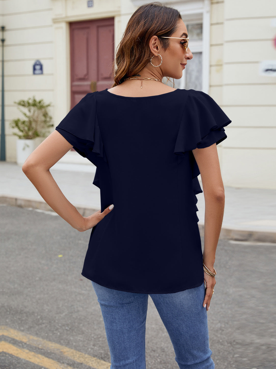 Ruffled V-Neck Short Sleeve Top Trandify deal