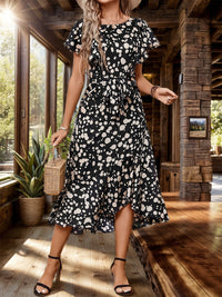 Perfee Printed Round Neck Flutter Sleeve Midi Dress Trandify deal