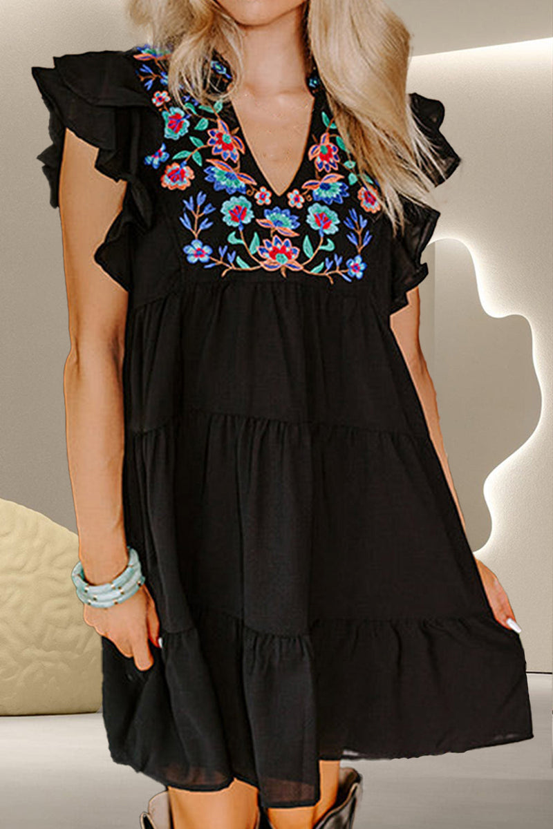 Embroidered Ruffled Cap Sleeve Mini Dress Trandify deal