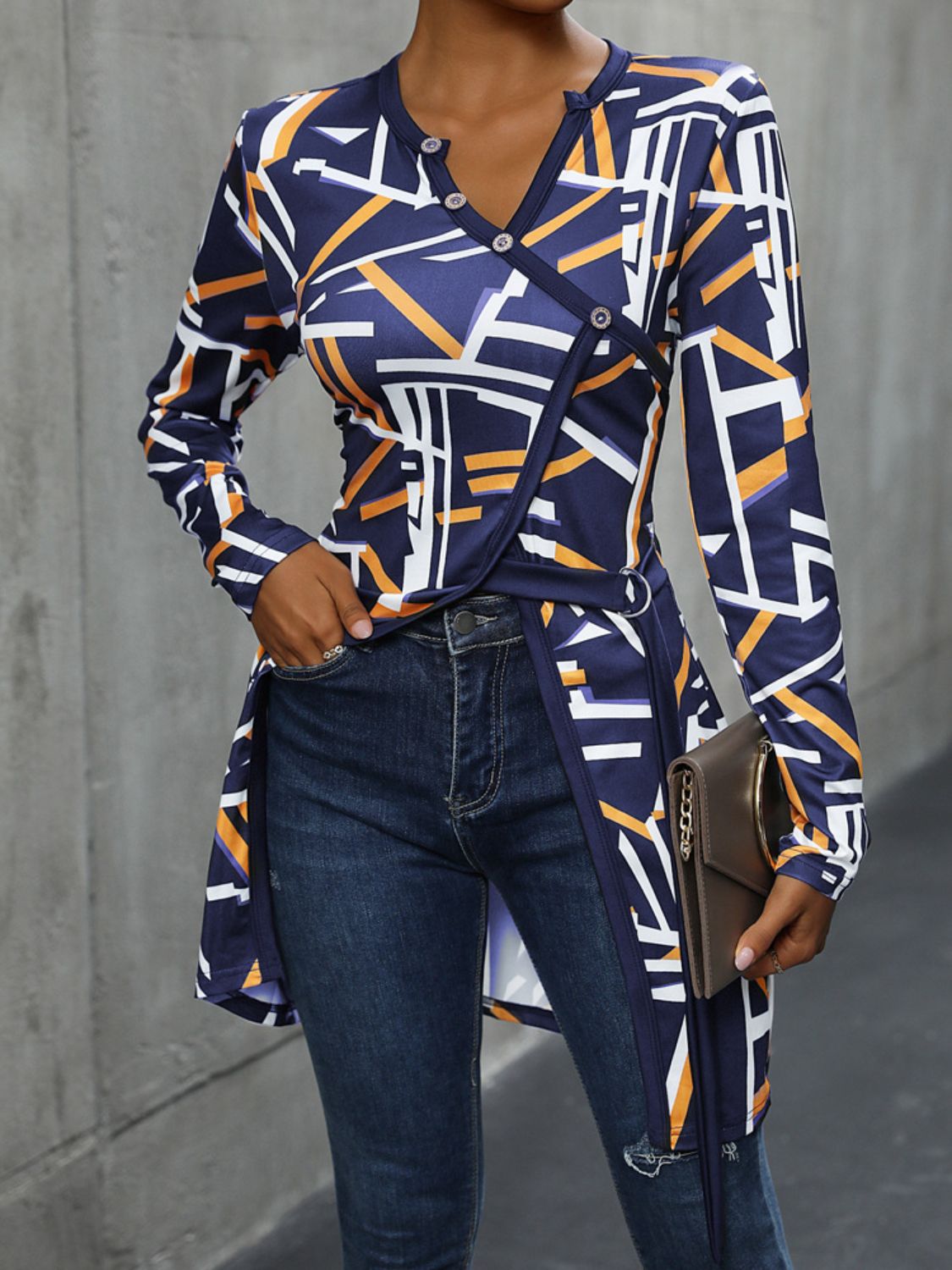 Perfee Geometric Surplice Long Sleeve T-Shirt Trandify deal