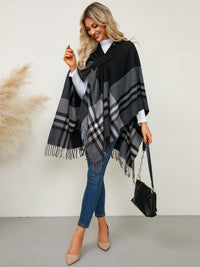 Fringe Contrast Plaid Poncho Trandify Deal