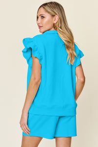 Double Take Full Size Texture Flounce Sleeve Top and Drawstring Shorts Set - Trandify Deal